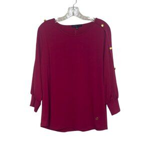 Adrienne Vittadini Blouse Woman 3X Burgundy New Gold Button Accents 3/4 Sleeves